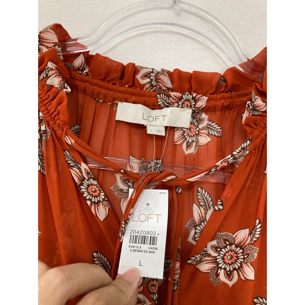 LOFT Rust Floral Tie-Neck Blouse - Picture 2 of 8